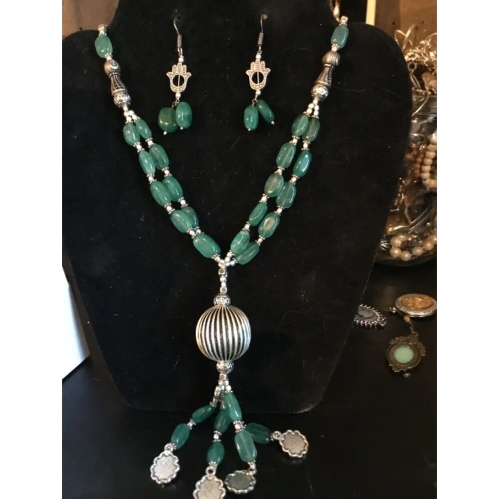 Green Onyx Handmade Hamsa Earrings and Necklace Set 925 Stamped